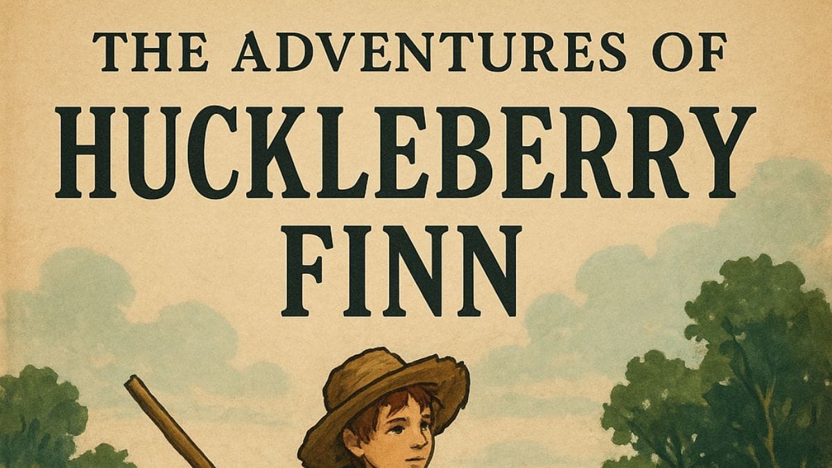 Adventures of Huckleberry Finn by Mark Twain conceptual book cover