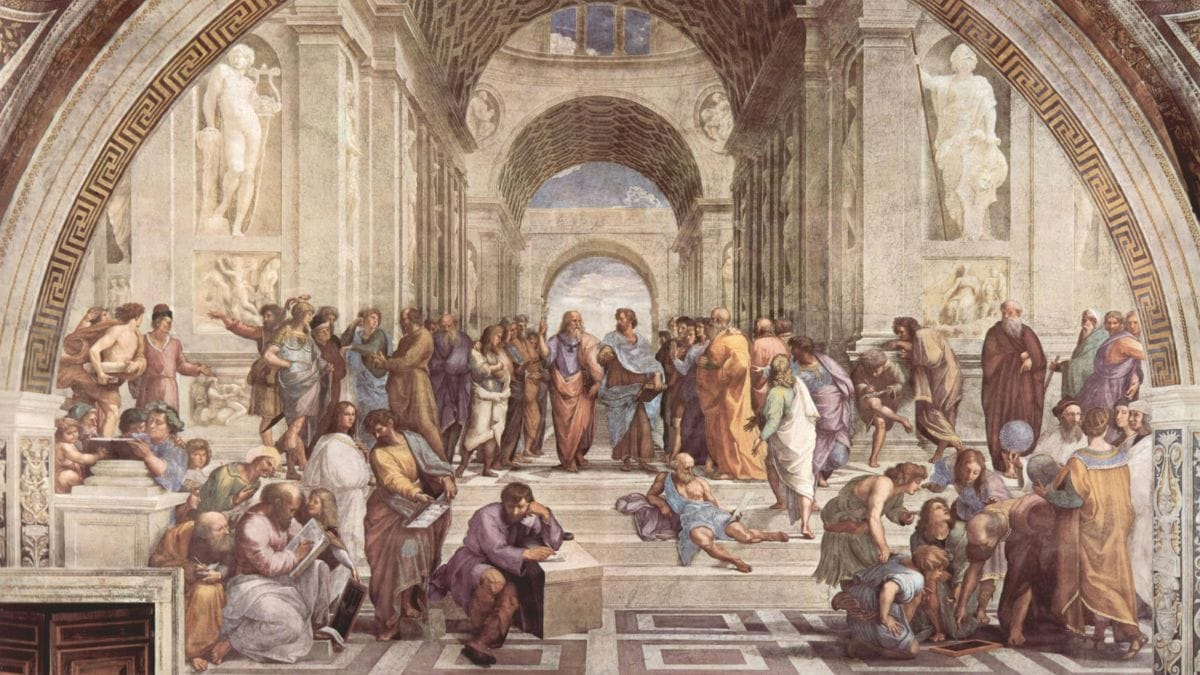 painting of ancient thinkers inside a dome