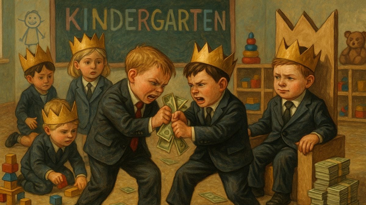 Children in suits and crowns fighting over money in a kindergarten, satirizing adults treating power and wealth as serious.