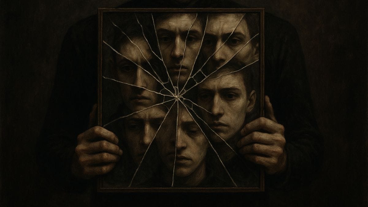 A person holding a shattered mirror reflecting multiple fragmented faces.