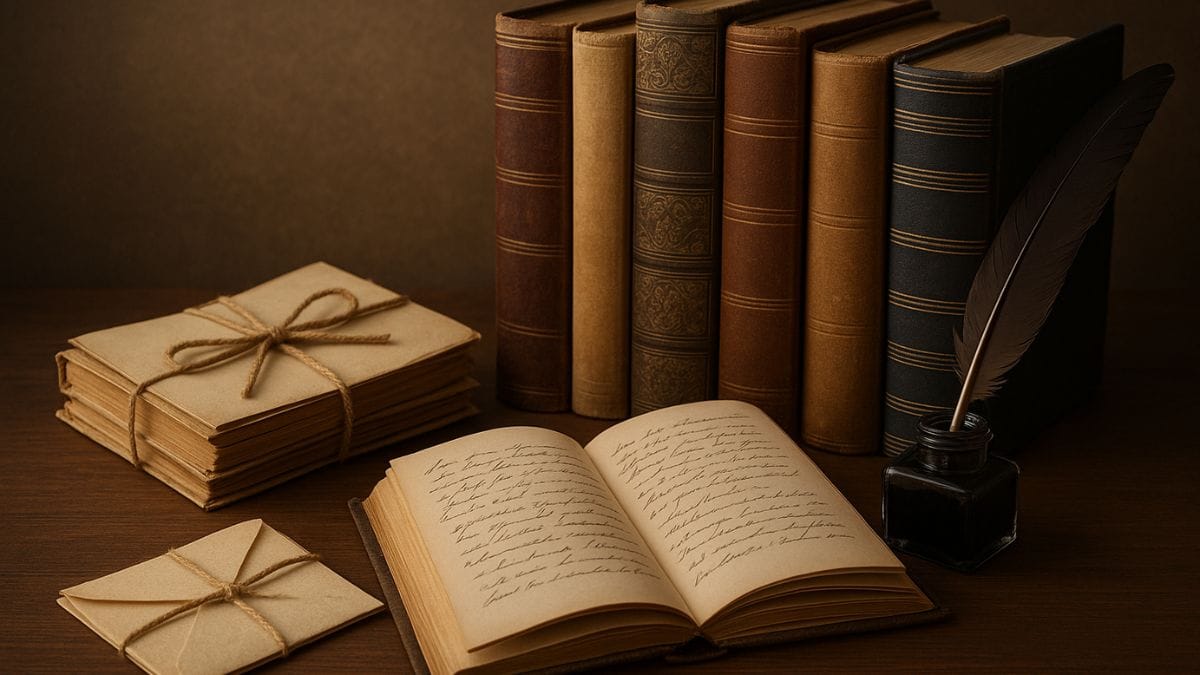 Stack of old letters tied with string, an open handwritten book, and vintage books with a quill and ink bottle